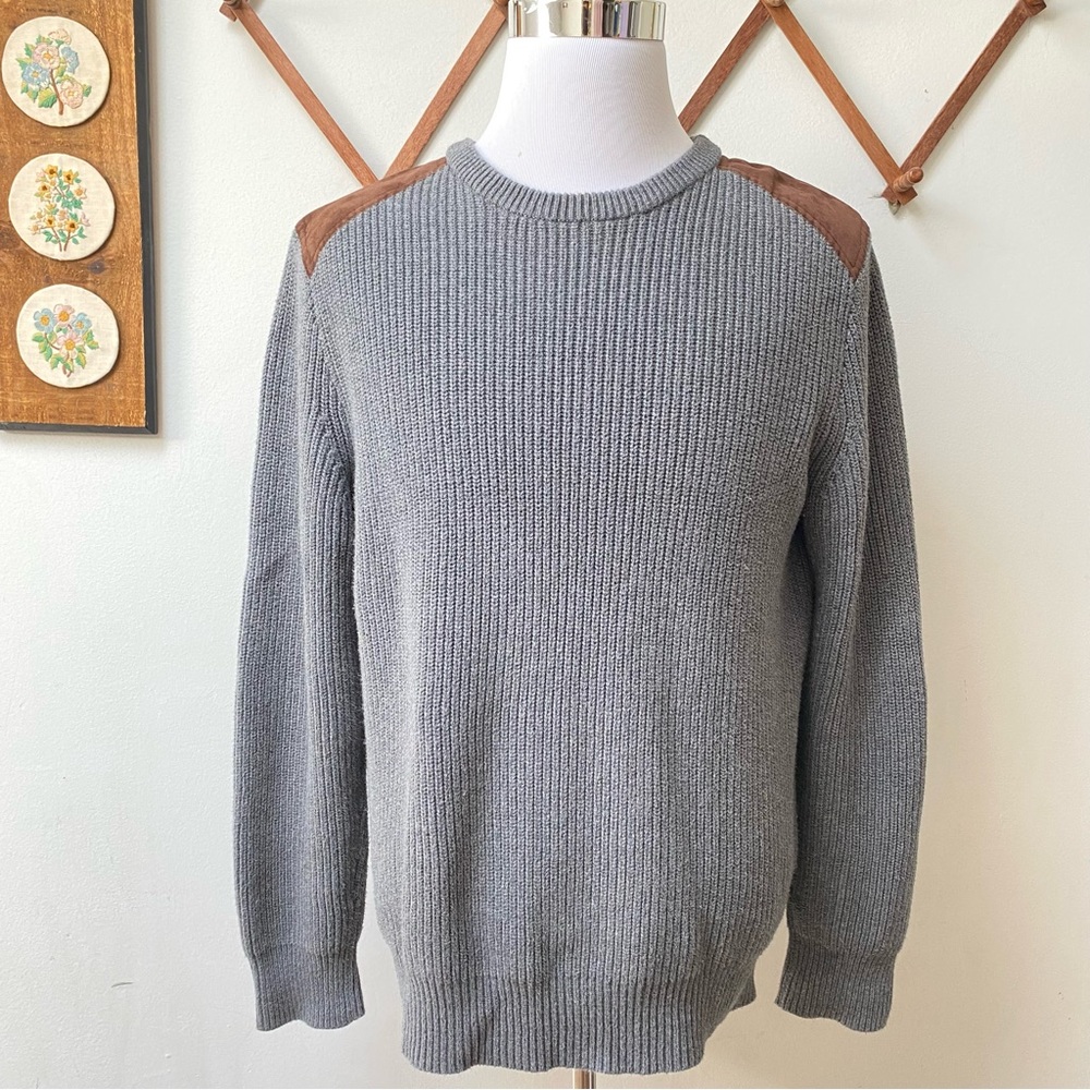 J Crew Ribbed Cotton Sweater Suede Patch Trim